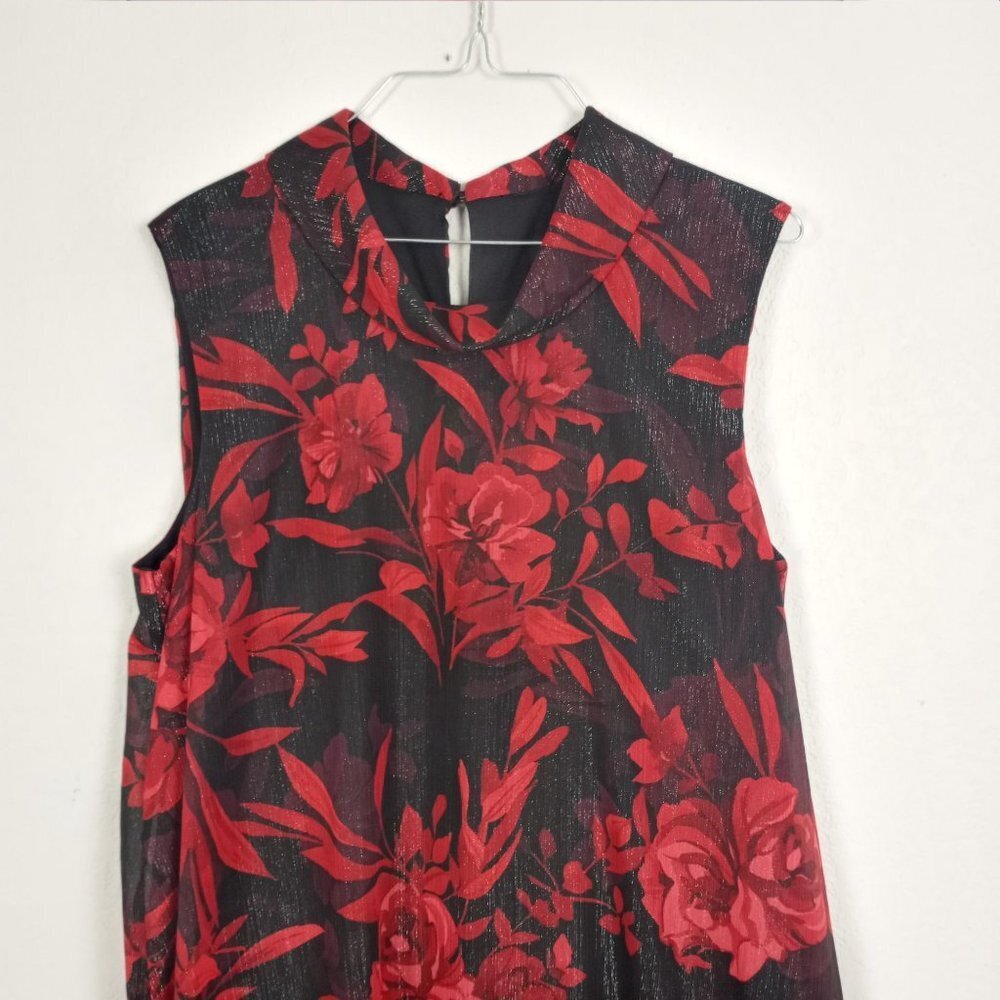 Connected Apparel 12P Chiffon Dress New Red Floral Sleeveless Midi Classy - Picture 6 of 7